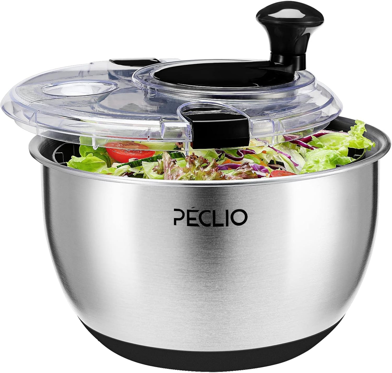 Peclio Salatschleuder Edelstahl 4,5 L mit Kurbelantrieb, Schwarz mit transparentem Deckel