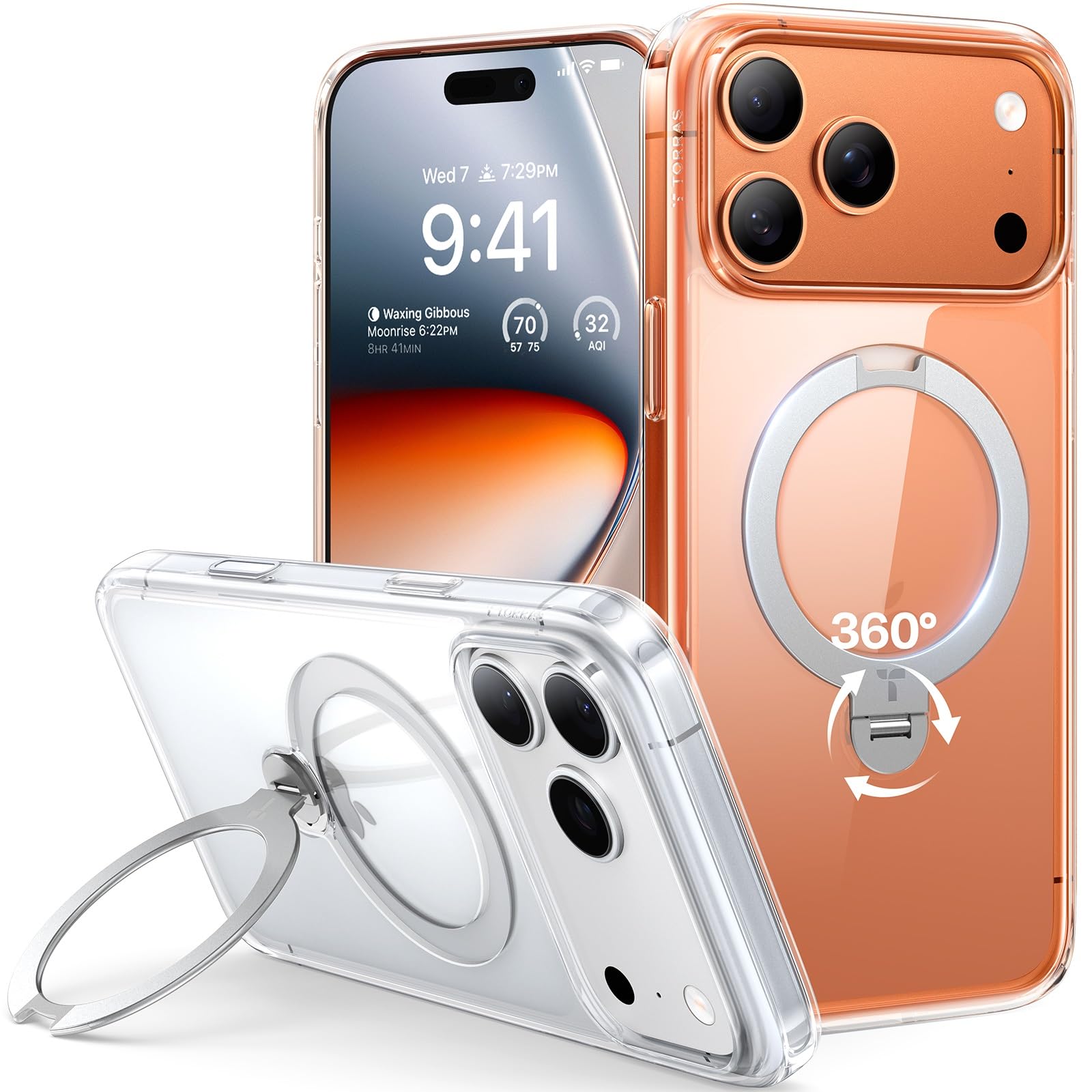 TORRAS Ostand Q3 Spin iPhone 17 Pro Hülle mit 360° MagSafe Ständer, transparente matte Rückseite