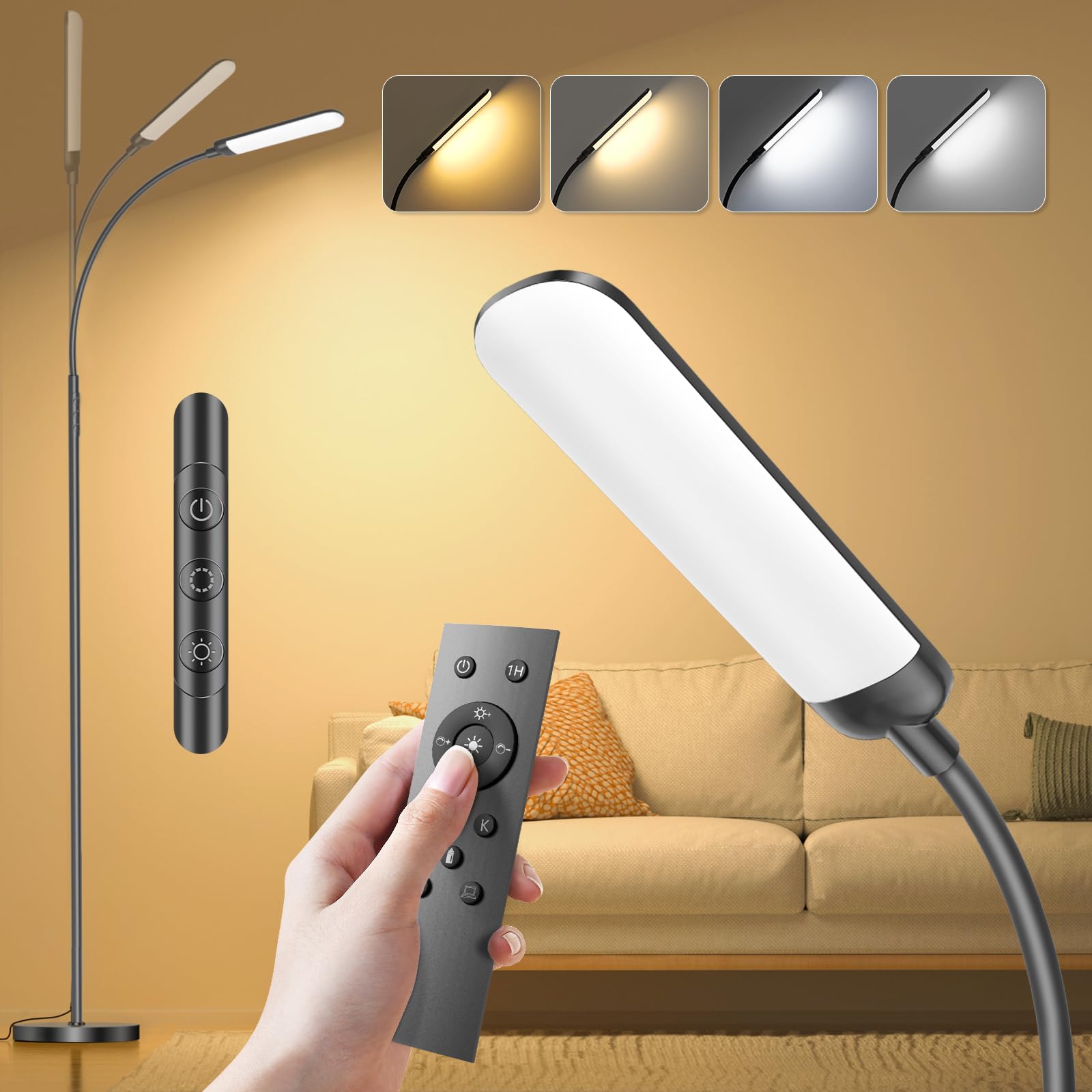 YICAIZI LED Stehlampe dimmbar mit Fernbedienung, 1200 Lumen, schwarz als Leseleuchte