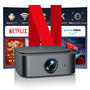 Smart Android 4K Heimkino Beamer mit Netflix, Remote Fokus: Schwarzer, rechteckiger Projektor für hochauflösendes Heimkino-Streaming.