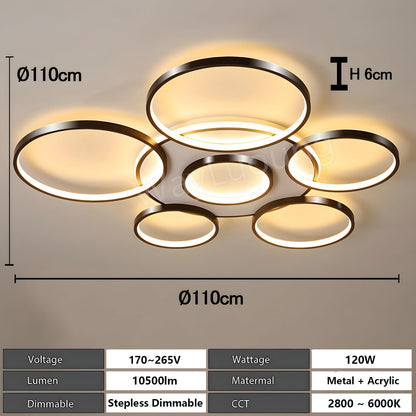 LuxSwiss Moderne 7-Ringe LED Deckenleuchte - Ø110cm, schwarz, dimmbar
