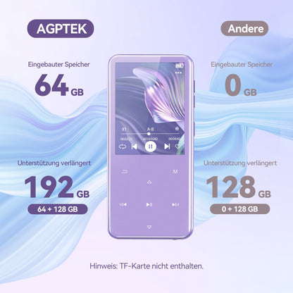 AGPTEK M3 MP3 Player Bluetooth 5.3 mit 64 GB Speicher, Lila