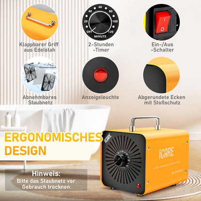 ICARE Ozongenerator SSY02, Ozon-Luftreiniger 60000 mg/h mit Timer