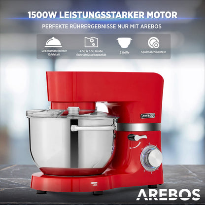 Arebos Küchenmaschine 1500 W, Knetmaschine mit 2 Schüsseln, Rot