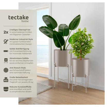 tectake Pflanzenständer 2er Set aus Metall mit Übertöpfen in taupe
