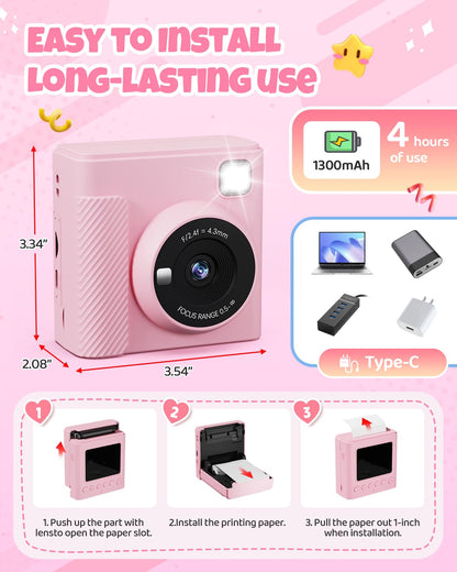 TIATUA Kinderkamera Sofortbildkamera X2 mit 32 GB Karte, rosa