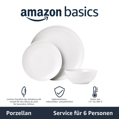 Amazon Basics Geschirrservice 18tlg. 6 Personen - Weiss Porzellan Coupe