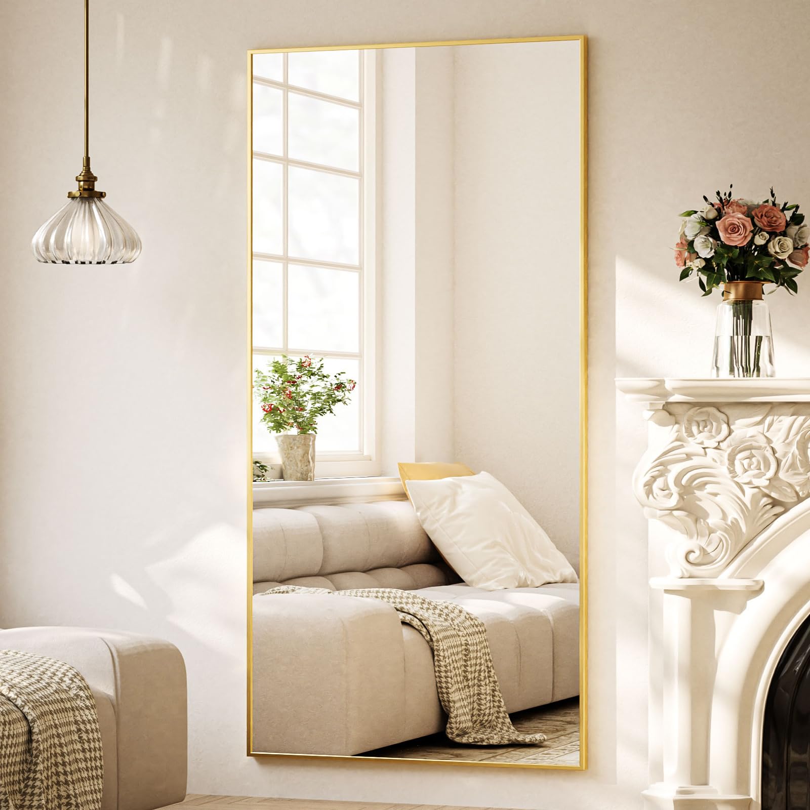 BEAUTYPEAK 171x76cm Ganzkörperspiegel Stand- & Wandspiegel Gold. Goldener, rechteckiger Spiegel für Ganzkörperansicht.