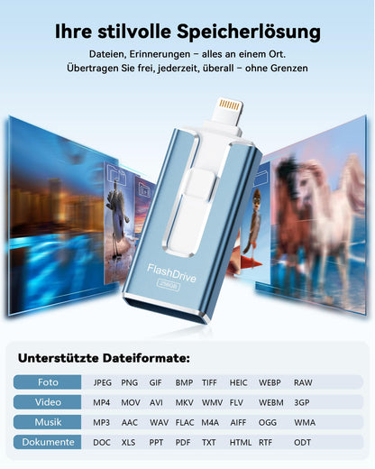 SUDEHO USB Stick 256 GB MFi Lightning/USB-C – Blau