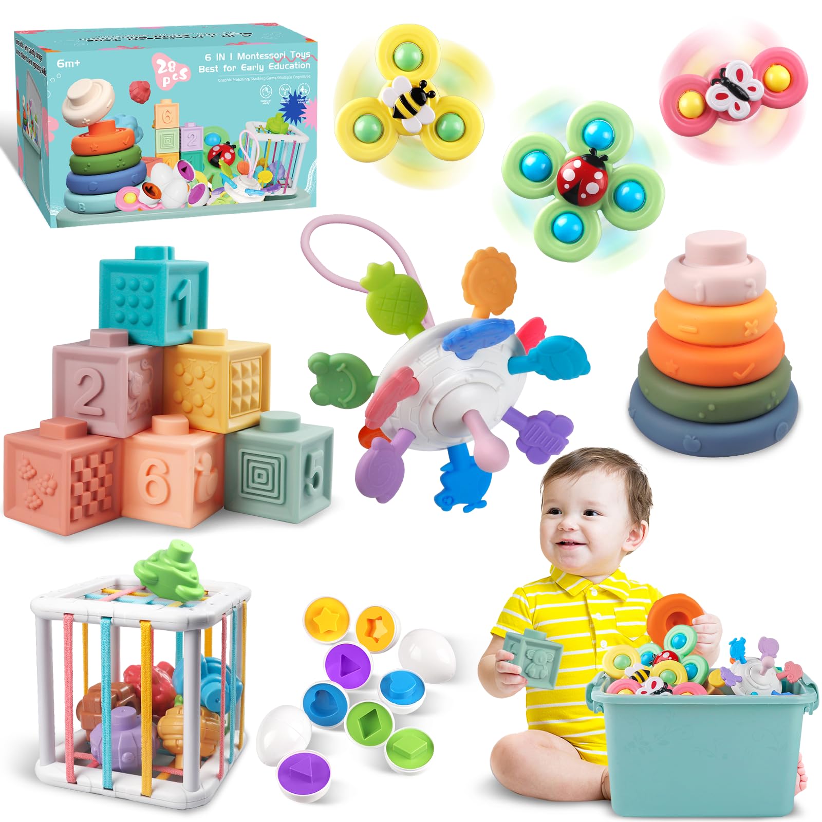 Weilim 6 in 1 Montessori Spielzeug Baby, Motorikspielzeug ab 6 Monate mit Stapelringen und Bausteinen