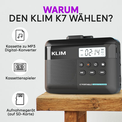 KLIM K7 Kassettenspieler mit MP3-Konverter, Mikrofon und Lautsprecher