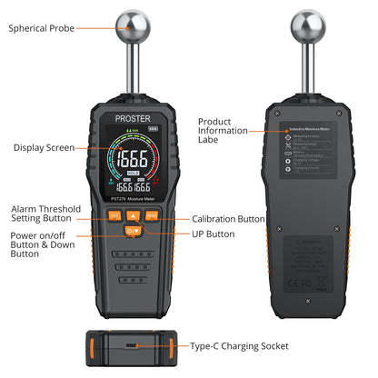 Proster Feuchtigkeitsmessgerät stiftlos LCD 5-40 mm Schwarz/Orange