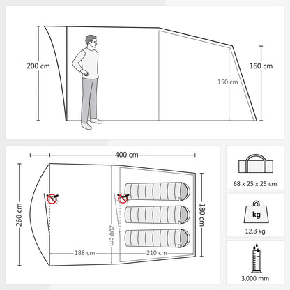 Justcamp Atlanta 3 Tunnelzelt – 3 Personen Familienzelt Stehhöhe