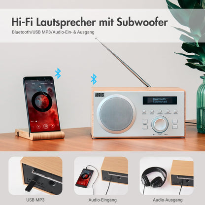 August MB420 DAB+/FM Radio - Bluetooth Küchenradio Radiowecker Holz