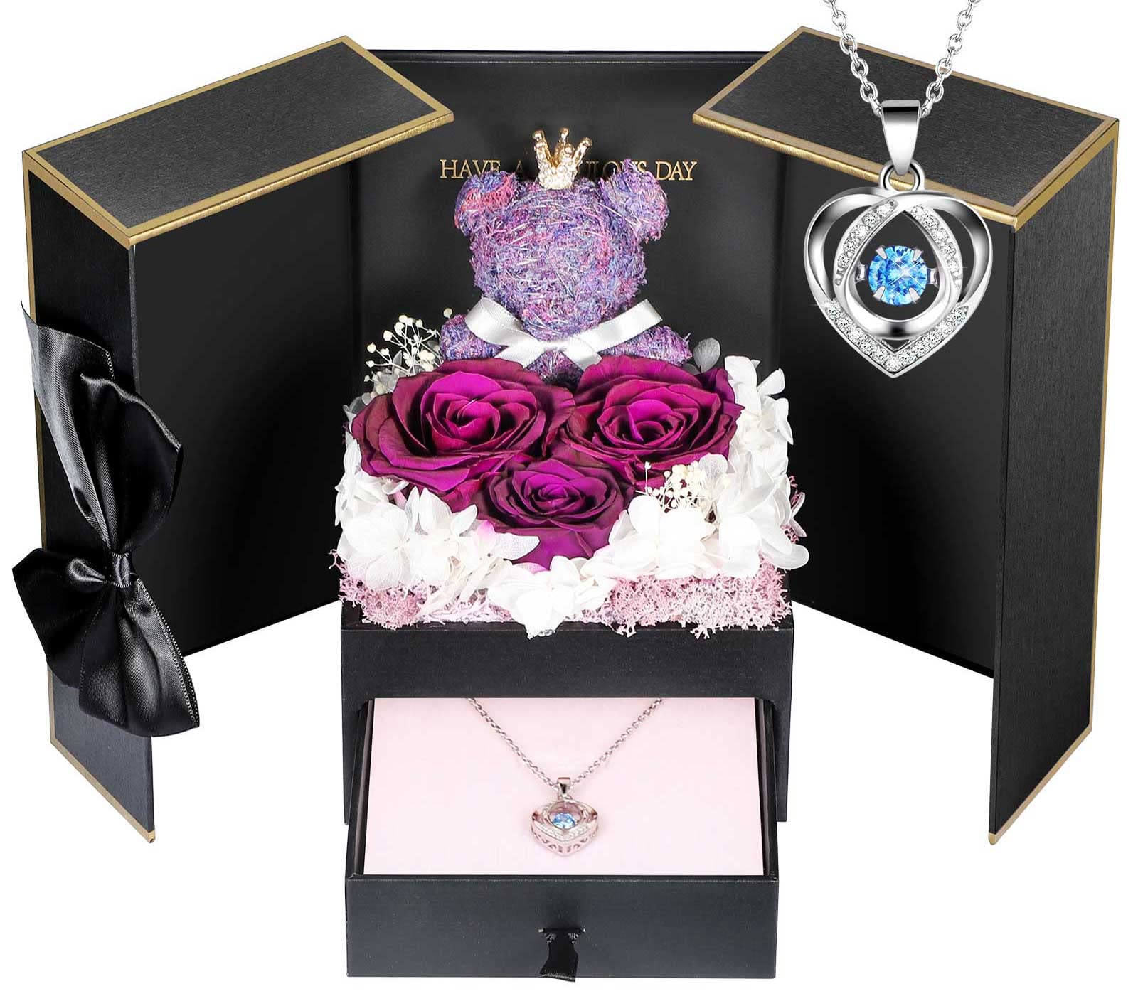 ADDWel Ewige Rose mit Herz Halskette aus 925 Silber, Geschenkbox – drei rote konservierte Rosen in Herzform mit Moosbär