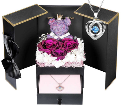 ADDWel Ewige Rose mit Herz Halskette aus 925 Silber, Geschenkbox – drei rote konservierte Rosen in Herzform mit Moosbär