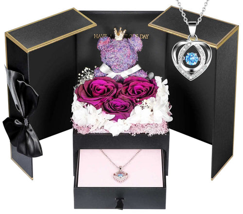 ADDWel Ewige Rose mit Herz Halskette aus 925 Silber, Geschenkbox – drei rote konservierte Rosen in Herzform mit Moosbär