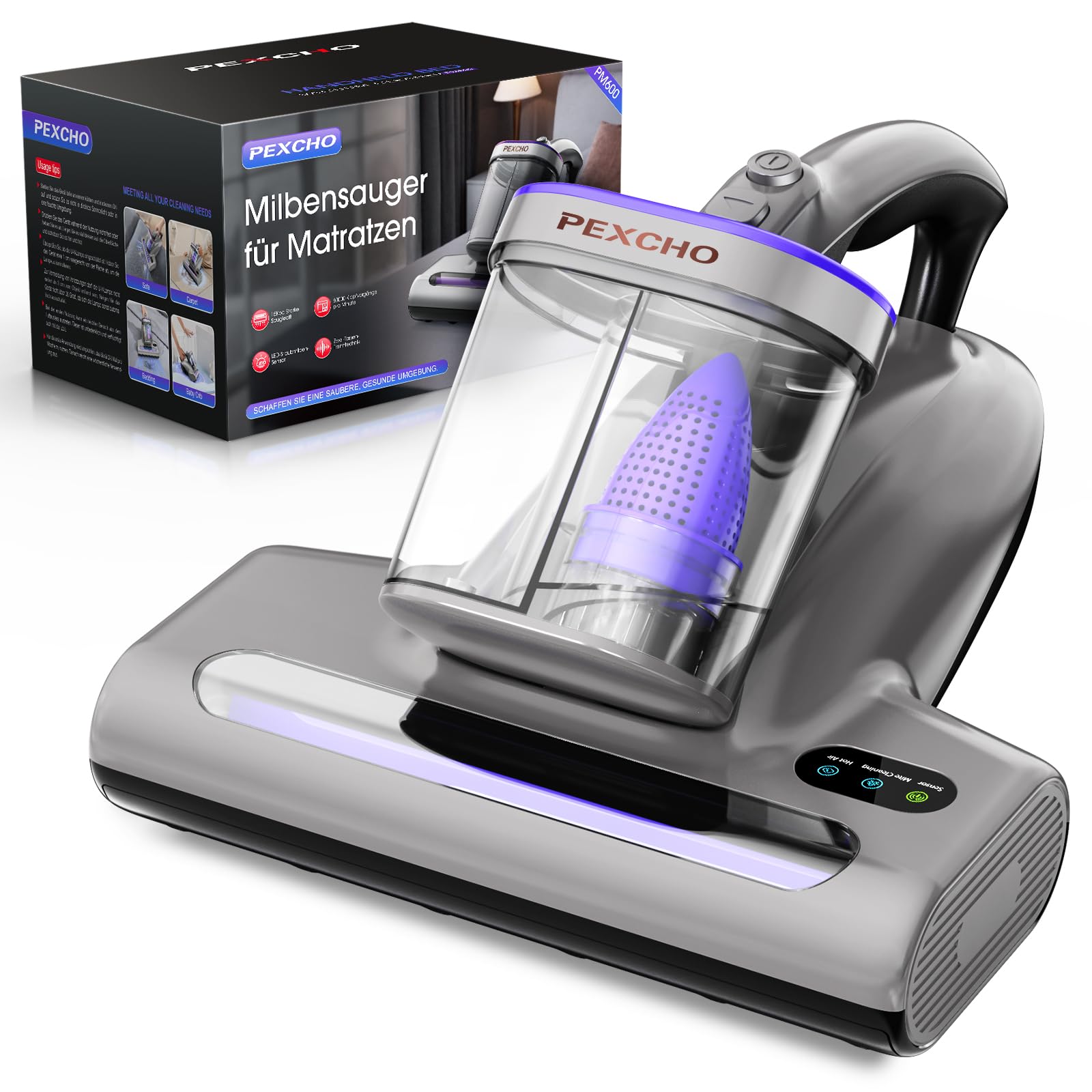 PEXCHO PM600 Milbensauger mit UV-Licht und HEPA-Filter, 500W zur Matratzenreinigung