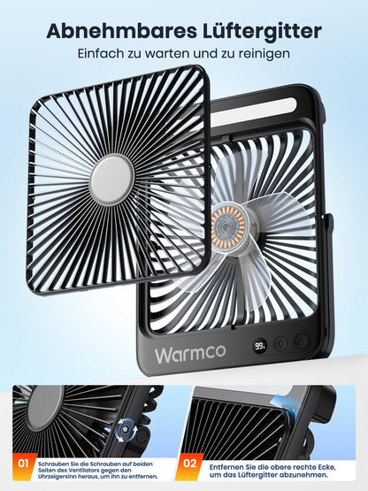 Warmco Akku-Campingventilator D4 mit LED-Lampe, 20000 mAh, leise