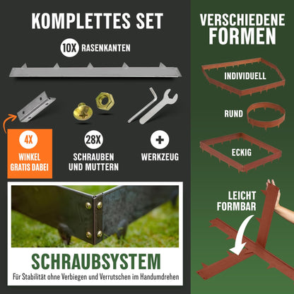 GREEN Spark Cortenstahl Rasenkante – 10x 1m Schneckenschutz