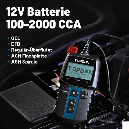 TOPDON BT100 Autobatterietester 12V für Kfz, 100-2000 CCA