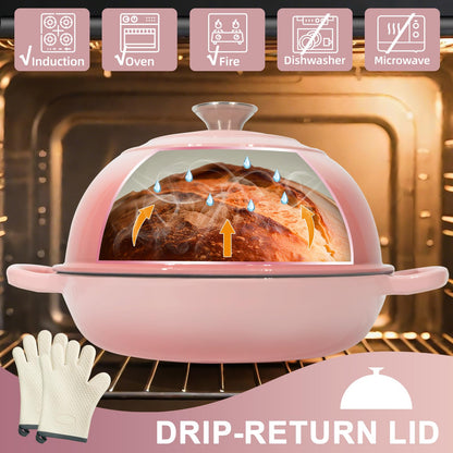 AHJ Dutch Oven Gusseisen Schmortopf 5,7 L mit Gärkorb, Rosa