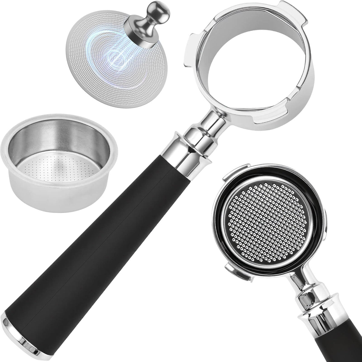 Vyranexa Bodenloser Siebträger 51 mm, 3 Ohren, für DeLonghi Dedica aus Edelstahl mit Puck Screen
