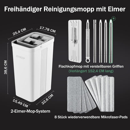 JOYMOOP Wischmopp & Eimer Set mit Auswringer – Flach, 8 Pads