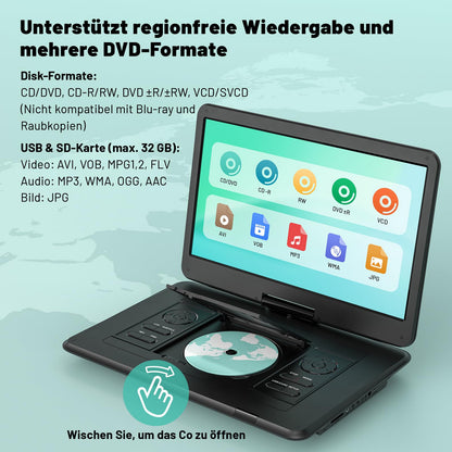 POFOTO Tragbarer DVD-Player mit 15,6 Zoll HD-Drehdisplay, Schwarz