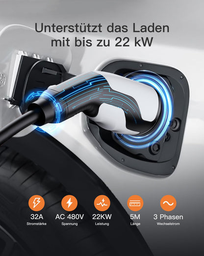 tomons Typ 2 Ladekabel 22 kW, 5 m, 32 A, 3-phasig für EV/PHEV