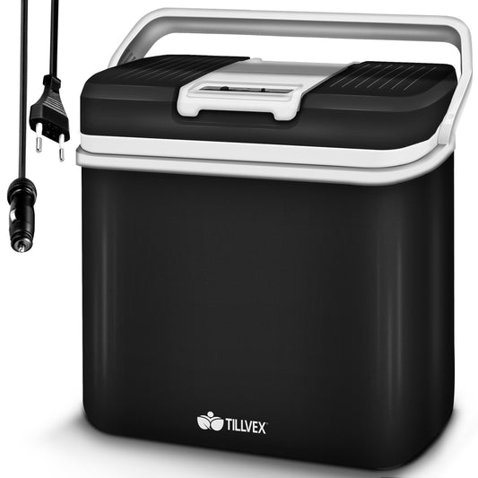 tillvex Kühlbox elektrisch 24L kühlt & wärmt – Anthrazit. Anthrazitfarbene, rechteckige Kühlbox. Kühlt und wärmt Speisen und Getränke für unterwegs.