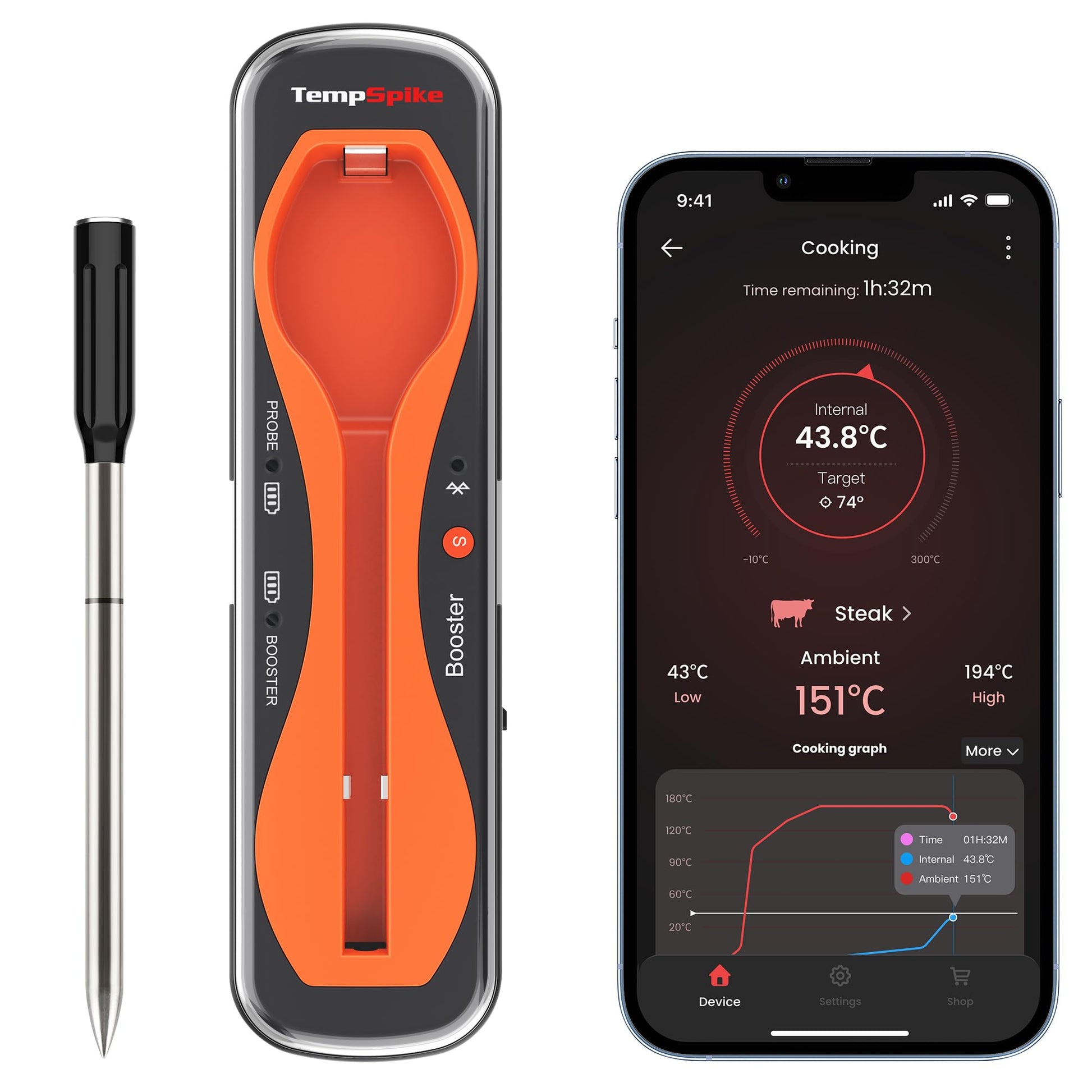 ThermoPro TempPro TP960 Grillthermometer kabellos mit Bluetooth, Sondenfühler und Booster