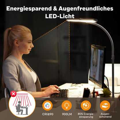 APMIEK LED Schreibtischlampe Doppelkopf dimmbar klemmbar, schwarz