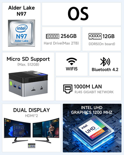 GMKtec G5 N97 Mini-PC Micro Computer - 12GB RAM, 256GB SSD