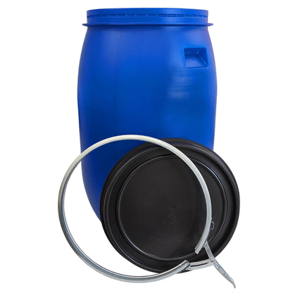 plasteo Weithalsfass 120 Liter mit Deckel und Spannring, Blau