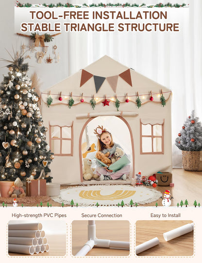 besrey 2 IN 1 Kinderzelt – Spielhaus beige mit Lichtern