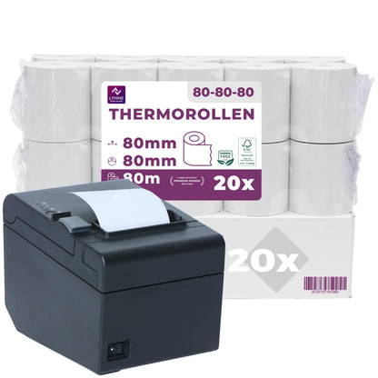 LYNNE Payment Solutions Thermorollen 80 mm x 80 m, BPA-frei, 20 Stück, weisse Papierrollen für Bondrucker