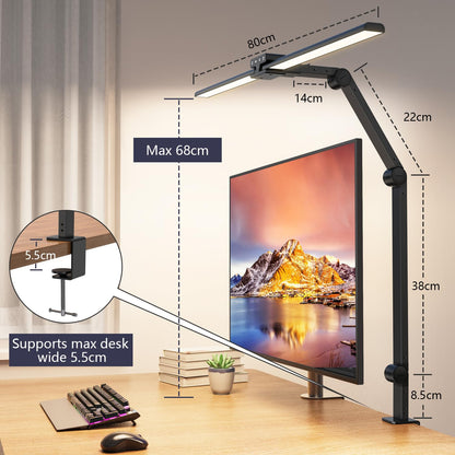KableRika Doppelkopf Klemm-Schreibtischlampe – LED Dimmbar 80cm