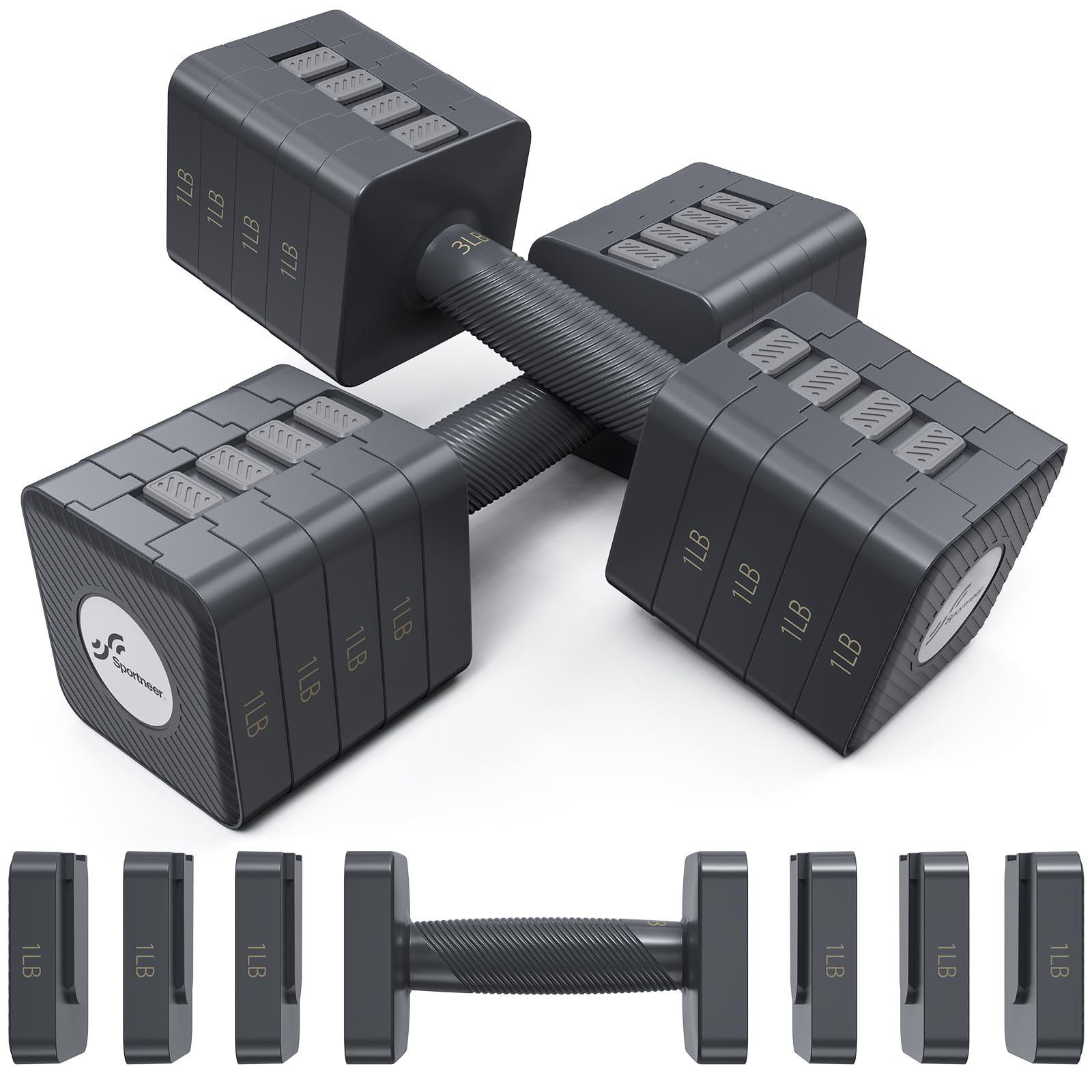 Sportneer Kurzhanteln verstellbar, 5-in-1 Hantelset, 2 x 1,36–5 kg, mit Hantelscheiben und gepolstertem Griff