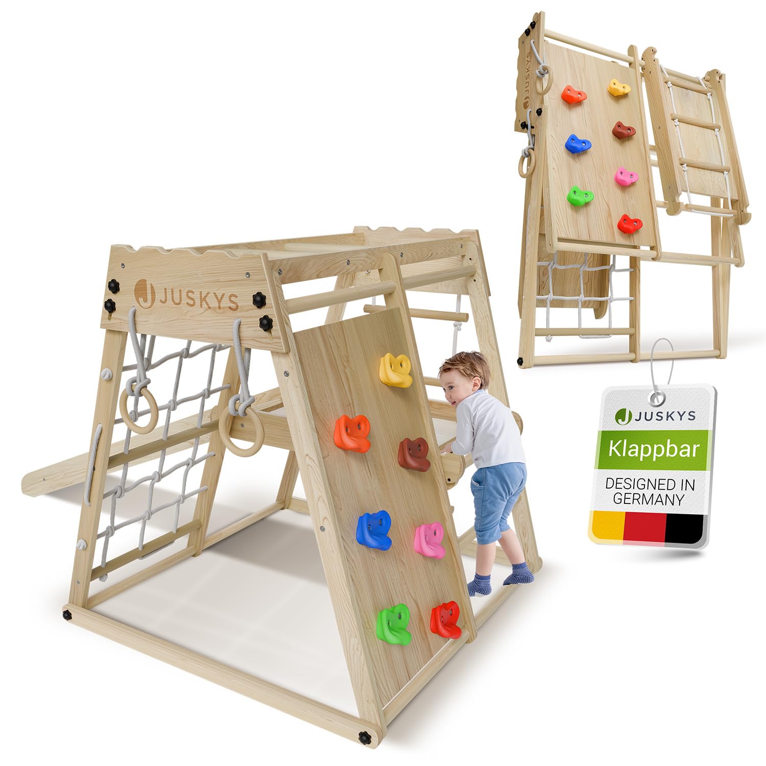 Juskys Mini Klettergerüst Indoor Kletterturm klappbar Natur. Naturfarbener, klappbarer Kletterturm zum Klettern im Innenbereich.