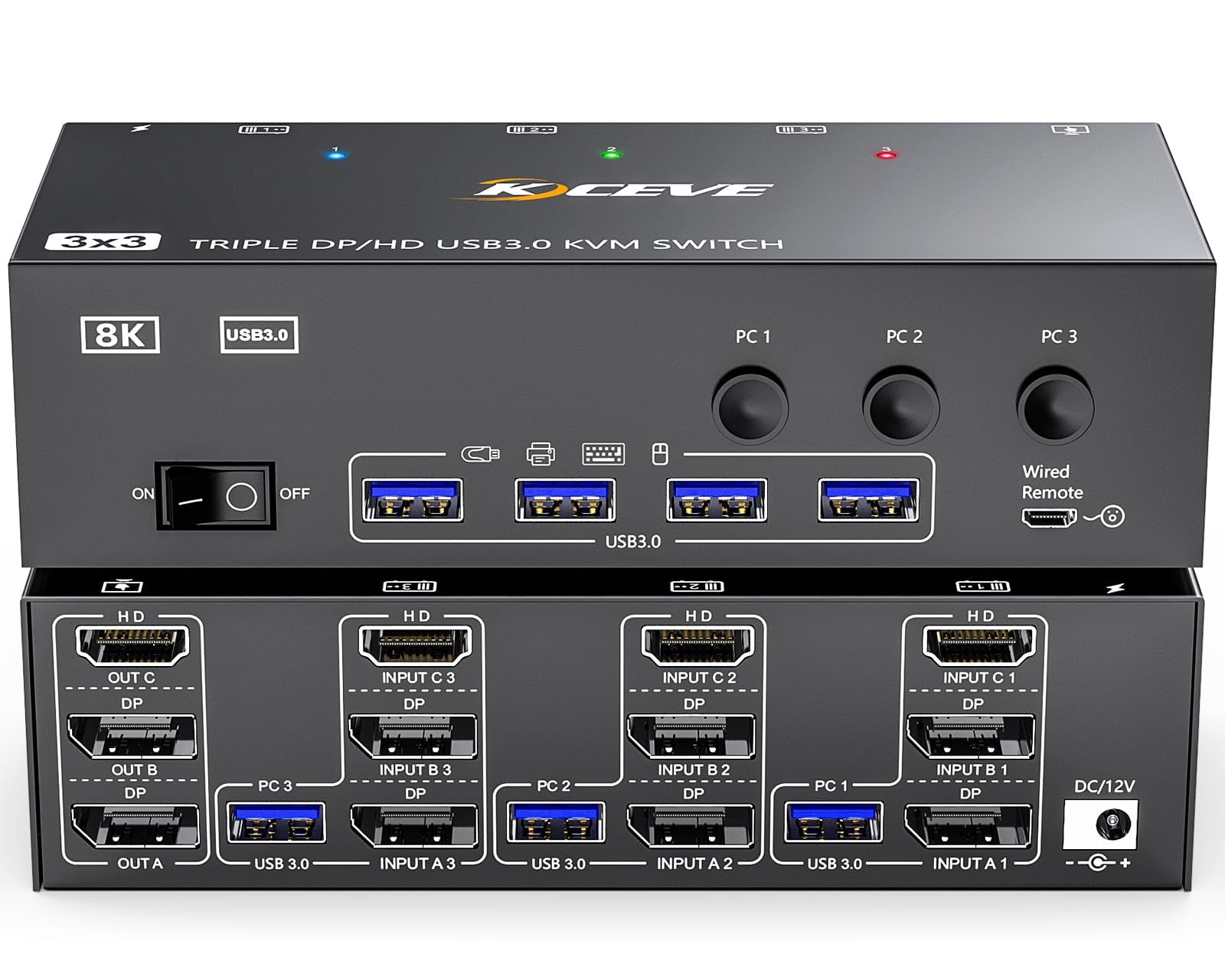 MLEEDA KVM Switch Triple Monitor - 3 PC 3 Monitore 8K HDMI DP: Schwarzer KVM-Switch für 3 PCs, 3 Monitore, Tastatur, Maus; 8K HDMI/DP.