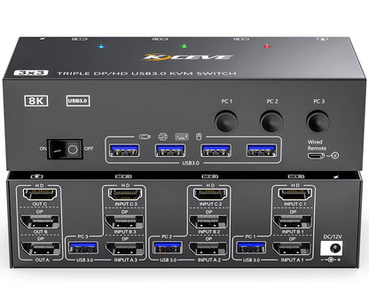 MLEEDA KVM Switch Triple Monitor - 3 PC 3 Monitore 8K HDMI DP: Schwarzer KVM-Switch für 3 PCs, 3 Monitore, Tastatur, Maus; 8K HDMI/DP.