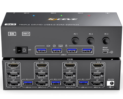 MLEEDA KVM Switch Triple Monitor - 3 PC 3 Monitore 8K HDMI DP: Schwarzer KVM-Switch für 3 PCs, 3 Monitore, Tastatur, Maus; 8K HDMI/DP.