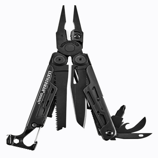 Leatherman Signal Multi-Tool für Camping & Survival – Schwarz. Schwarzes Klappwerkzeug mit Zange, Säge, Feuerstarter.