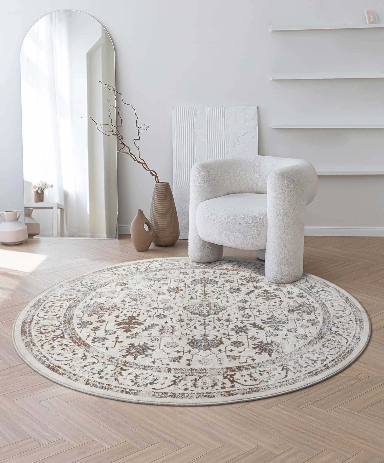 Mila Moderner Kurzflor Teppich mit Hoch-Tief Effekt – Creme Rund 200 cm. Creme, runder Kurzflor-Teppich mit Hoch-Tief Effekt zur Bodengestaltung.