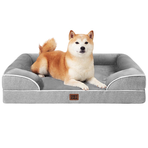 EHEYCIGA Orthopädisches Hundebett Memory Foam waschbar 91x68cm Grau, Hundesofa mit hohem Rand und Flanellbezug