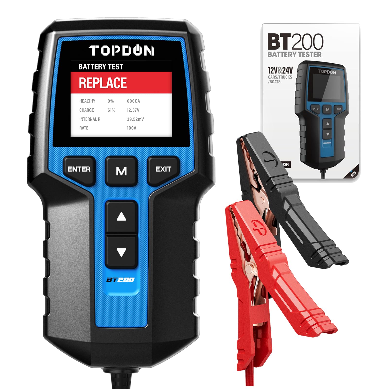 TOPDON BT200 Autobatterie Tester – Lade- & Anlasseranalyse. Schwarzes Handgerät mit Display und Klemmen. Prüft 12V-KFZ-Batterie, Lade- und Anlasser.