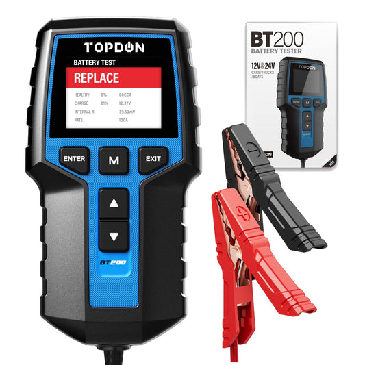 TOPDON BT200 Autobatterie Tester – Lade- & Anlasseranalyse. Schwarzes Handgerät mit Display und Klemmen. Prüft 12V-KFZ-Batterie, Lade- und Anlasser.