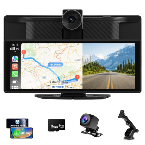 DriveView 10,26 Zoll Wireless Carplay/AA Display + 4K Dashcam. Rechteckig, schwarz. Für Navigation & 4K-Fahrtaufzeichnung.