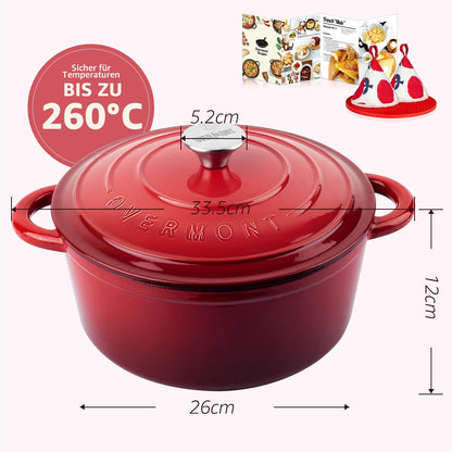 Overmont Schmortopf Gusseisen 26 cm Emaille Bräter mit Deckel rot